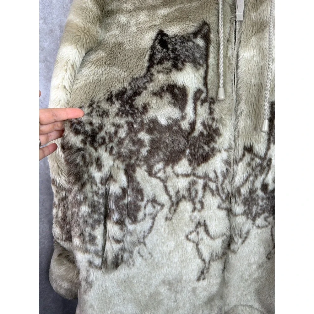 VTG Guide Gear Faux Fur Parka Large Tan Brown Wolf Pack Reversible Hooded Jacket